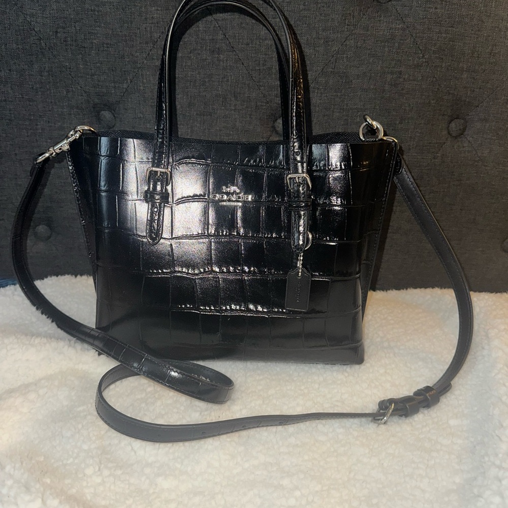 Coach Black Croc-Embossed Leather Shoulder Tote